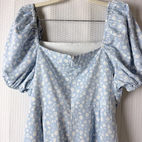 The Frolic Mini Wrap Dress Woven Women's 12 Blue Floral Puff Sleeve Boho Chic - Picture 4 of 9